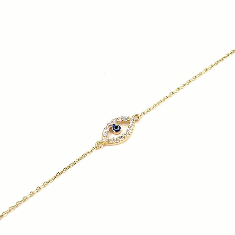 Women's 9ct CZ & Vivid Blue Glass "Evil Eye" Yellow Gold Chain Bracelet - Hyman’s Jewellers