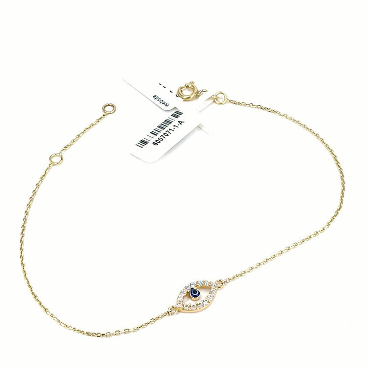 Women's 9ct CZ & Vivid Blue Glass "Evil Eye" Yellow Gold Chain Bracelet - Hyman’s Jewellers