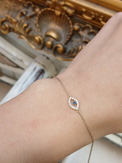 Women's 9ct CZ & Vivid Blue Glass "Evil Eye" Yellow Gold Chain Bracelet - Hyman’s Jewellers