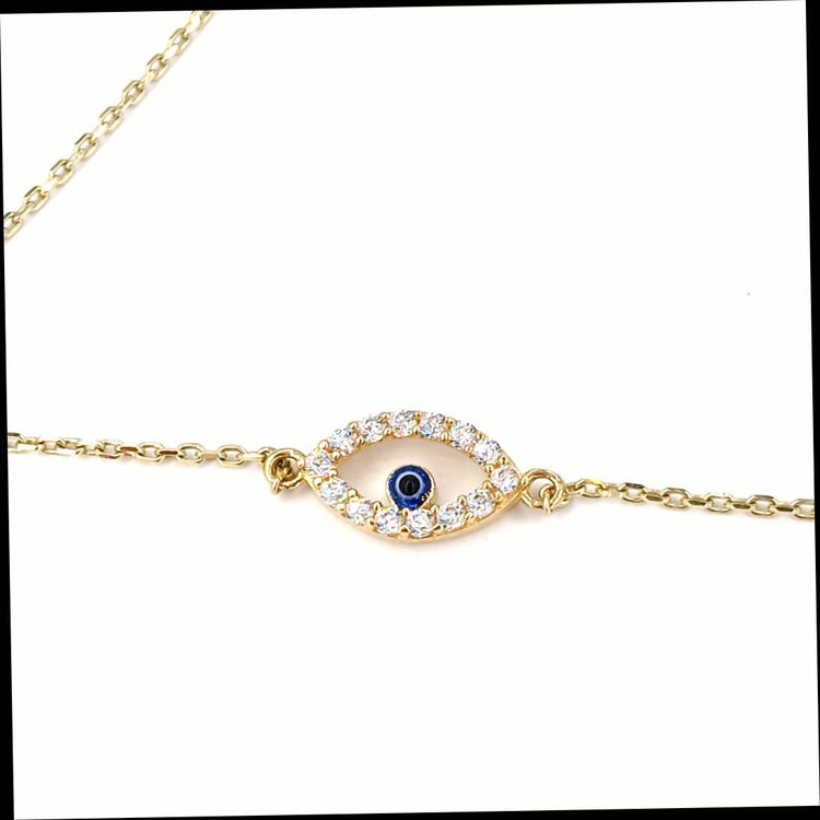Women's 9ct CZ & Vivid Blue Glass "Evil Eye" Yellow Gold Chain Bracelet - Hyman’s Jewellers