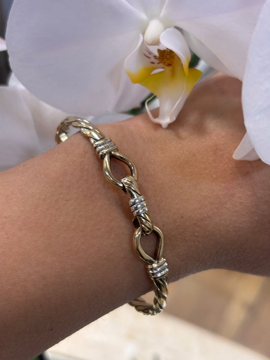 Women’s 9ct Elegant Hook Eye Design Bangle with Yellow Gold Accents - 17.6g - Hyman’s Jewellers