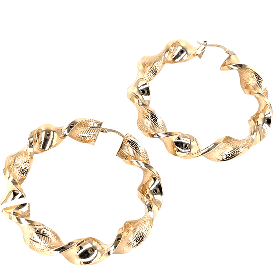 Women’s 9ct Large Textured Roman Key Twist Yellow Gold Hoop Earrings - 14.2g - Hyman’s Jewellers