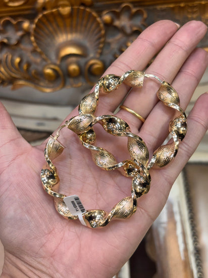 Women’s 9ct Large Textured Roman Key Twist Yellow Gold Hoop Earrings - 14.2g - Hyman’s Jewellers