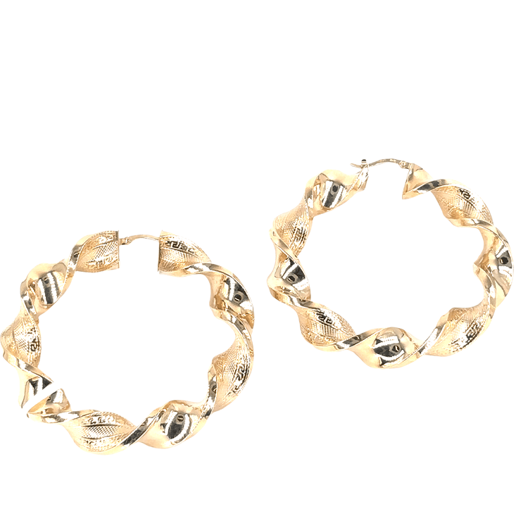 Women’s 9ct Large Textured Roman Key Twist Yellow Gold Hoop Earrings - 14.2g - Hyman’s Jewellers