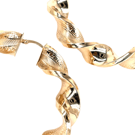 Women’s 9ct Large Textured Roman Key Twist Yellow Gold Hoop Earrings - 14.2g - Hyman’s Jewellers