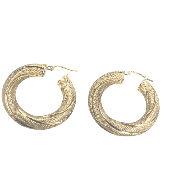 Women’s 9ct Textured Yellow Gold Hoop Earrings - 5.6g - Hyman’s Jewellers