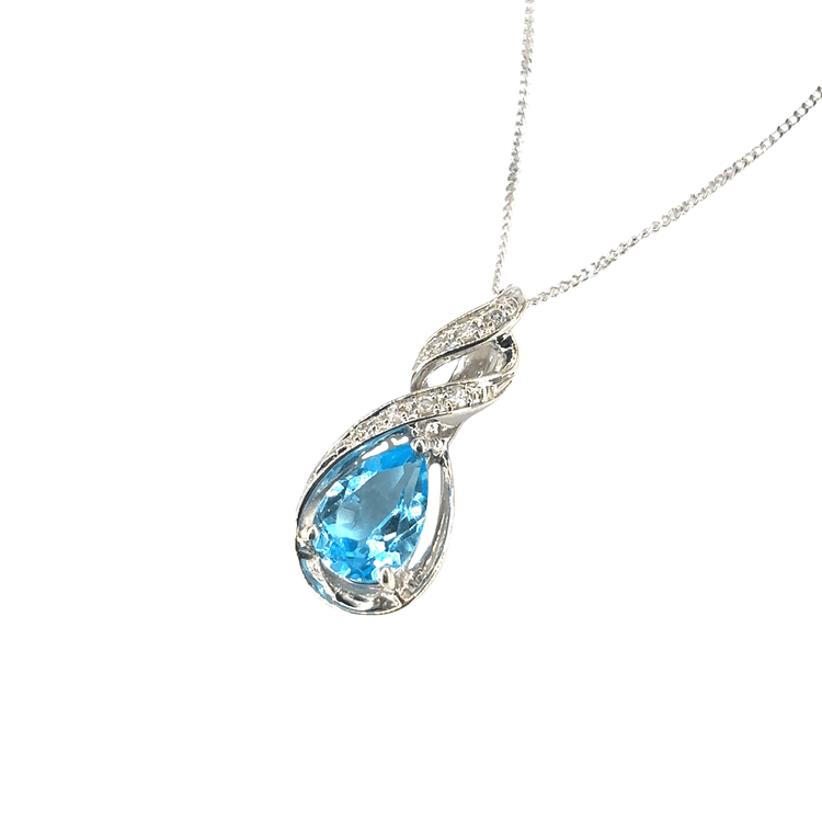 Women’s 9ct White Gold Pear Cut Topaz Pendant Necklace - 0.05ct diamond 2.5g - Hyman’s Jewellers
