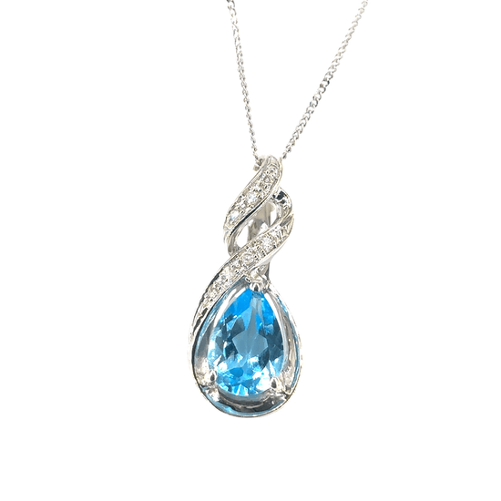 Women’s 9ct White Gold Pear Cut Topaz Pendant Necklace - 0.05ct diamond 2.5g - Hyman’s Jewellers