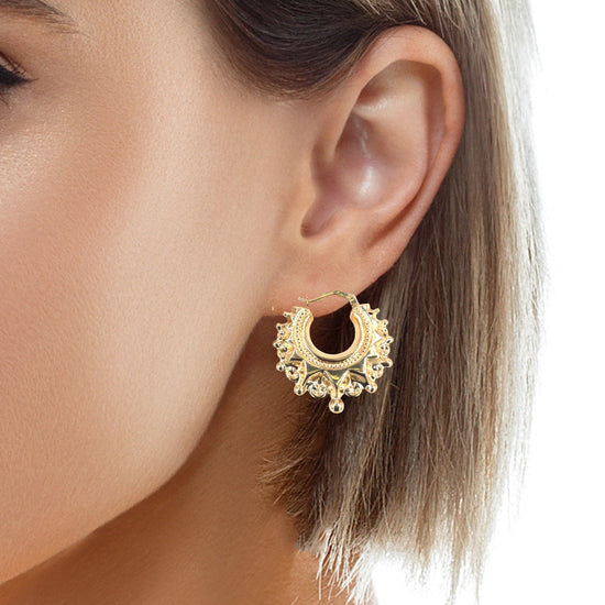 Womens 9ct Yellow Gold Creole Spike Ball Hoop Earrings - Medium - Hyman’s Jewellers