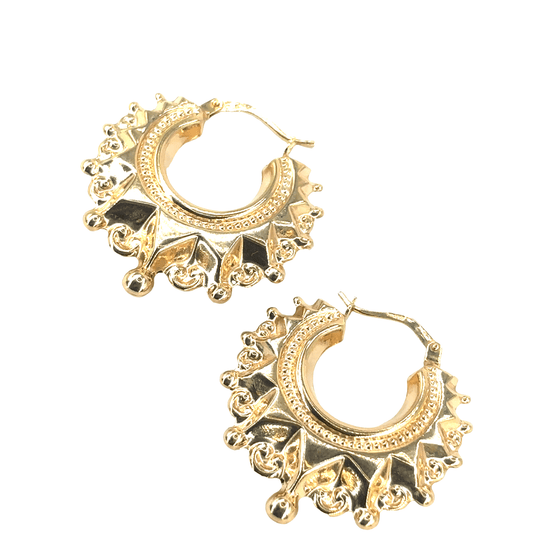9ct Gold Victorian Design Spiked Large Creole Hoop Ladies Eartes