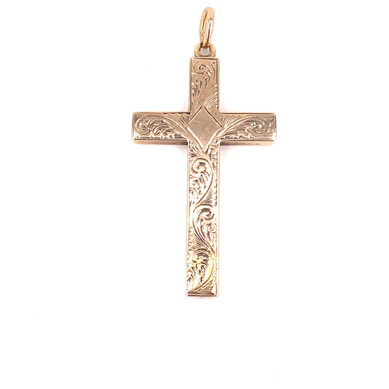 Women’s 9ct Yellow Gold Engraved Hollow Vintage Cross - 3.4g - Hyman’s Jewellers