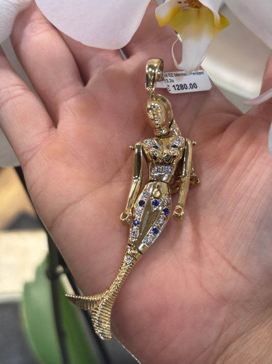 Women’s 9ct Yellow Gold Mermaid Pendant with Royal Blue Sapphire Accents - 23.2g 8.5cm - Hyman’s Jewellers