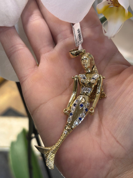 Women’s 9ct Yellow Gold Mermaid Pendant with Royal Blue Sapphire Accents - 23.2g 8.5cm - Hyman’s Jewellers
