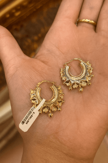 Women’s 9ct Yellow Gold Spike & Ball Creole Hoop Earrings- medium - Hyman’s Jewellers