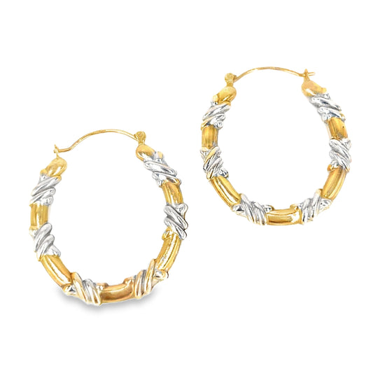 Women’s 9ct Yellow & White Gold X Pattern Hoop Earrings - 2.3G - Hyman’s Jewellers