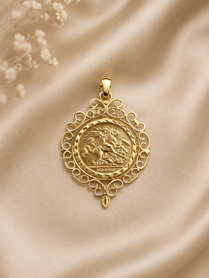 Yellow Gold Coin Medallion Pendant with Filigree Border - Hyman’s Jewellers