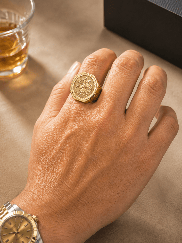 Yellow Gold Coin - Style Signet Ring with Relief Detail - Hyman’s Jewellers