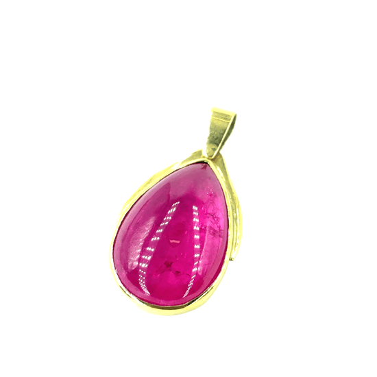 Yellow Gold Pendant with Pear - Shaped Treated Ruby Cabochon - Hyman’s Jewellers