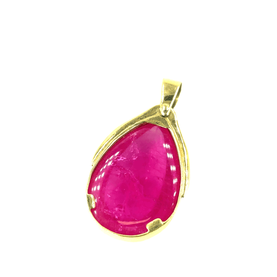 Yellow Gold Pendant with Pear - Shaped Treated Ruby Cabochon - Hyman’s Jewellers