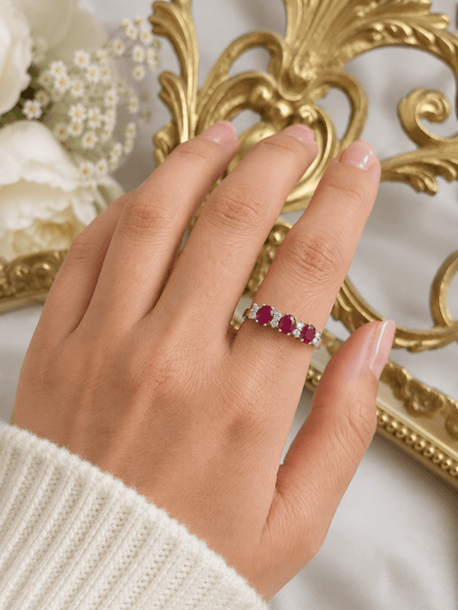 Yellow Gold Three-Stone Ruby and Diamond Ring - Hyman’s Jewellers