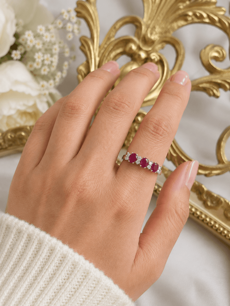 Yellow Gold Three-Stone Ruby and Diamond Ring - Hyman’s Jewellers